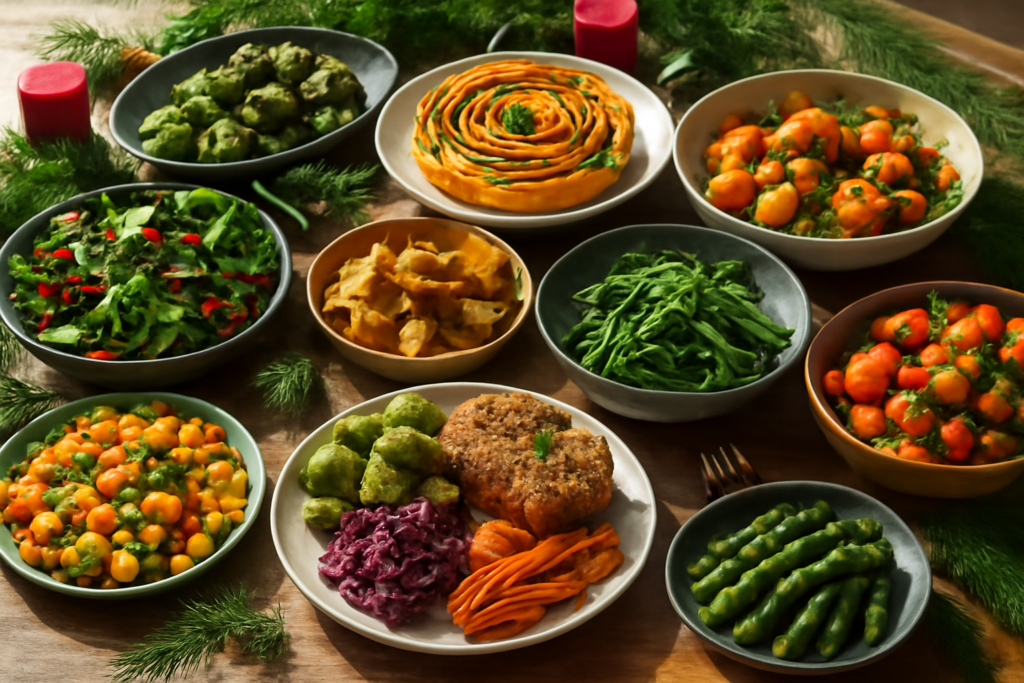 Mesa de ceia de Natal vegana servida