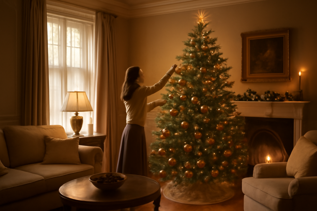 Árvore de Natal decorada em sala de estar