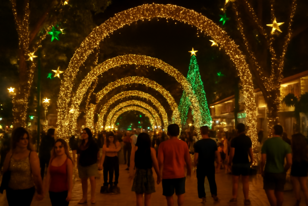 Cidade iluminada com luzes de Natal no Brasil