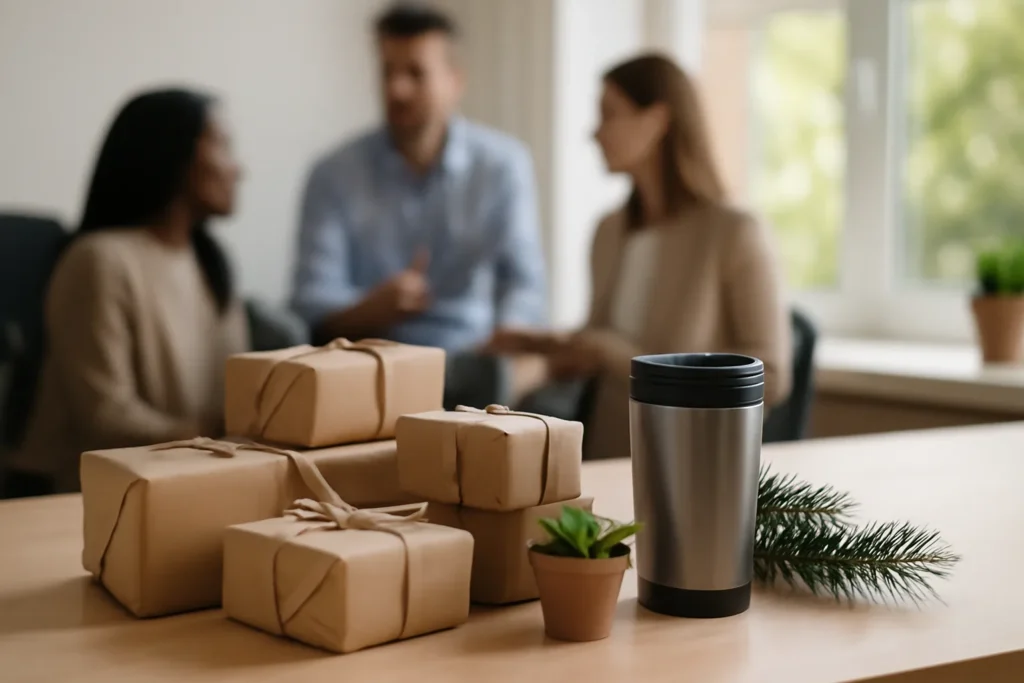 Presentes, caneca térmica e suculenta sobre mesa de escritório decorada para o Natal