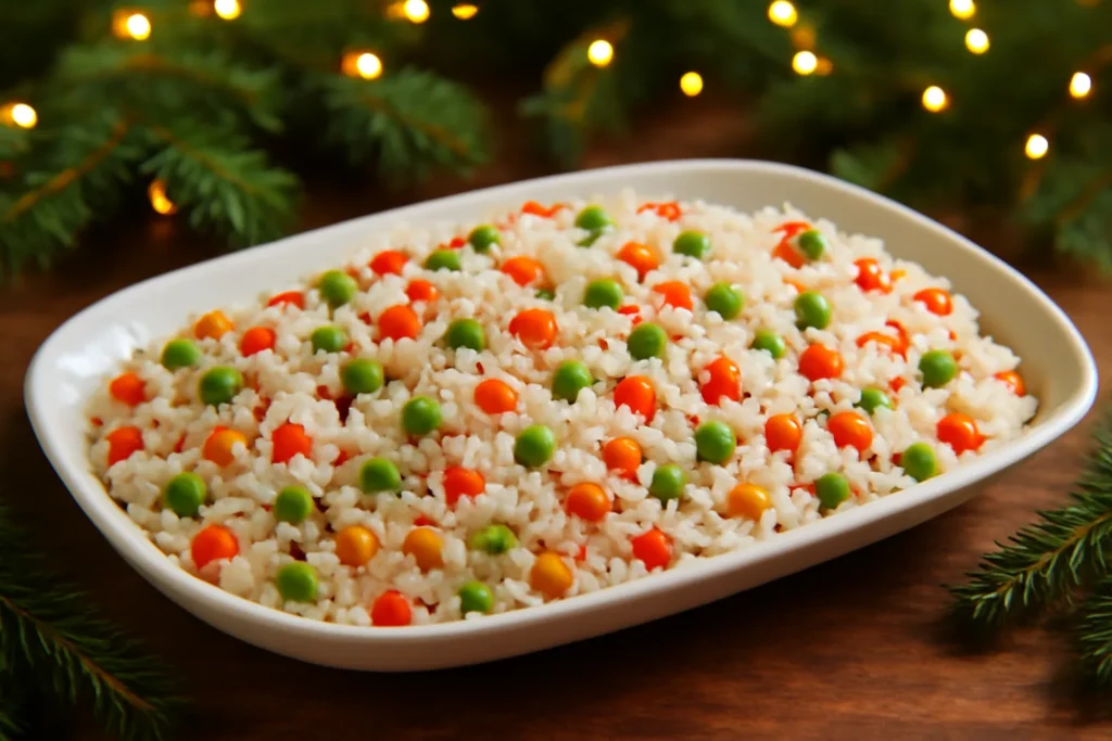 Arroz à grega colorido em travessa branca na mesa da ceia de Natal