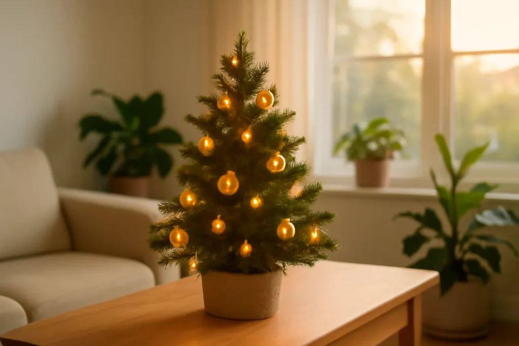Árvore de Natal pequena decorada sobre aparador de madeira em sala compacta