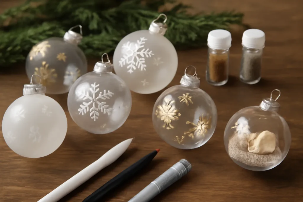 Bolas de Natal transparentes e foscas decoradas à mão, uma recheada com areia e conchinhas