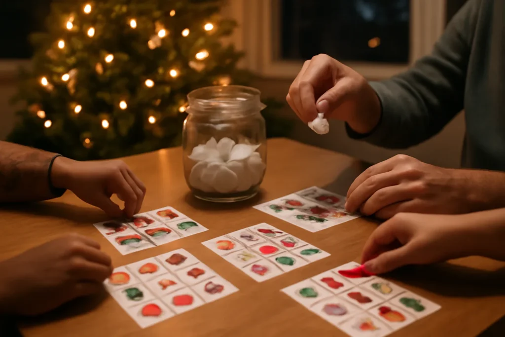 Família jogando bingo de Natal na mesa da sala, com árvore iluminada ao fundo