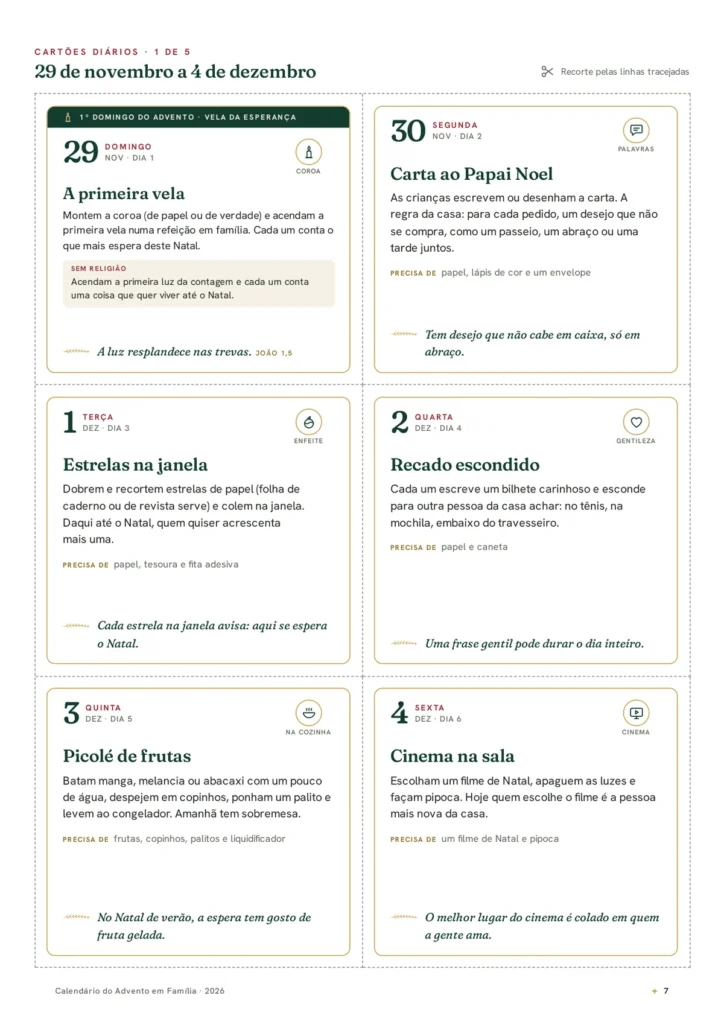 Cartões diários do Advento de 29 de novembro a 4 de dezembro