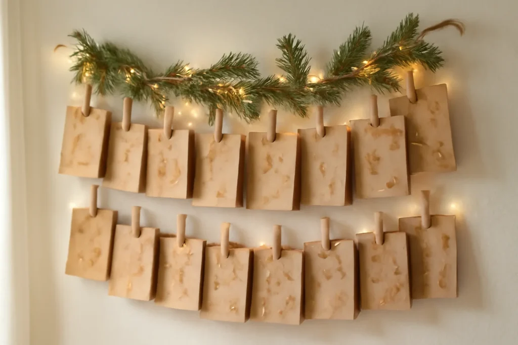 Calendário do Advento caseiro com saquinhos de papel kraft pendurados em varal