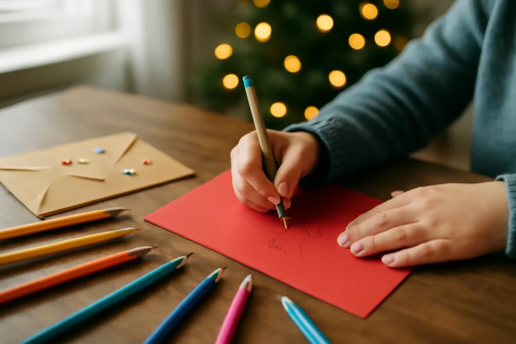 Criança desenhando a carta para o Papai Noel com lápis de cor sobre a mesa