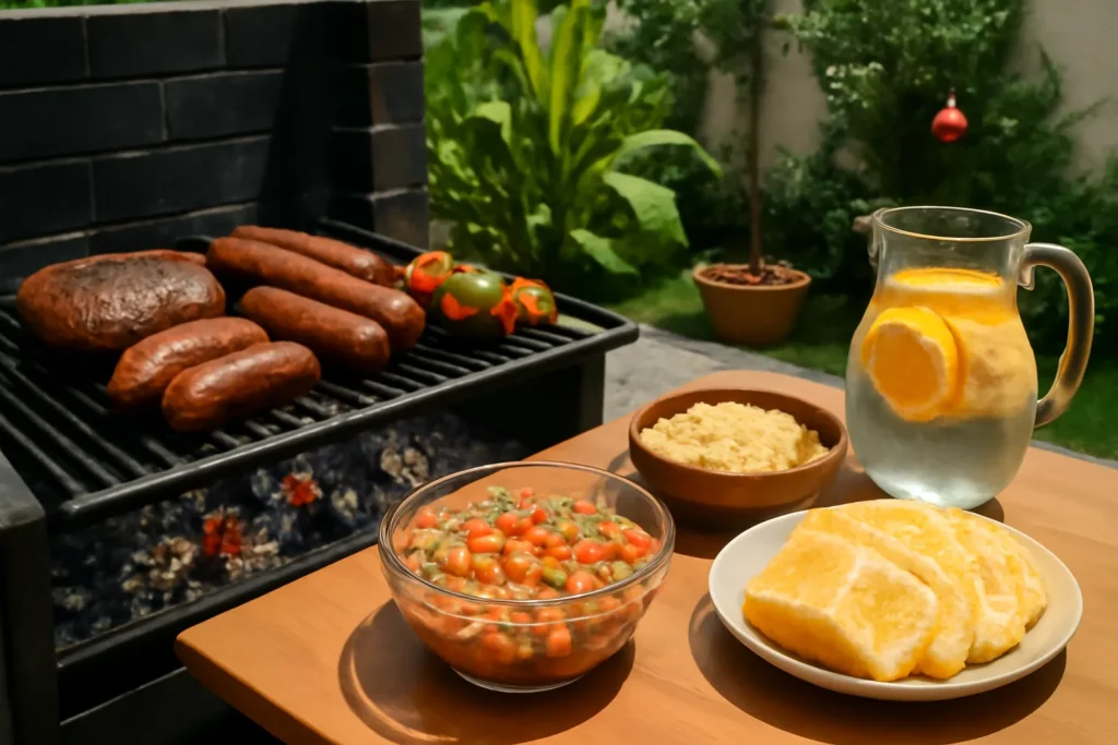 Churrasqueira com carnes e legumes na grelha ao lado de mesa de Natal ao ar livre com vinagrete e abacaxi