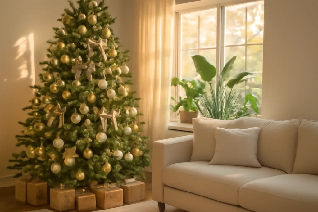 Árvore de Natal decorada com enfeites brancos e dourados em sala clara