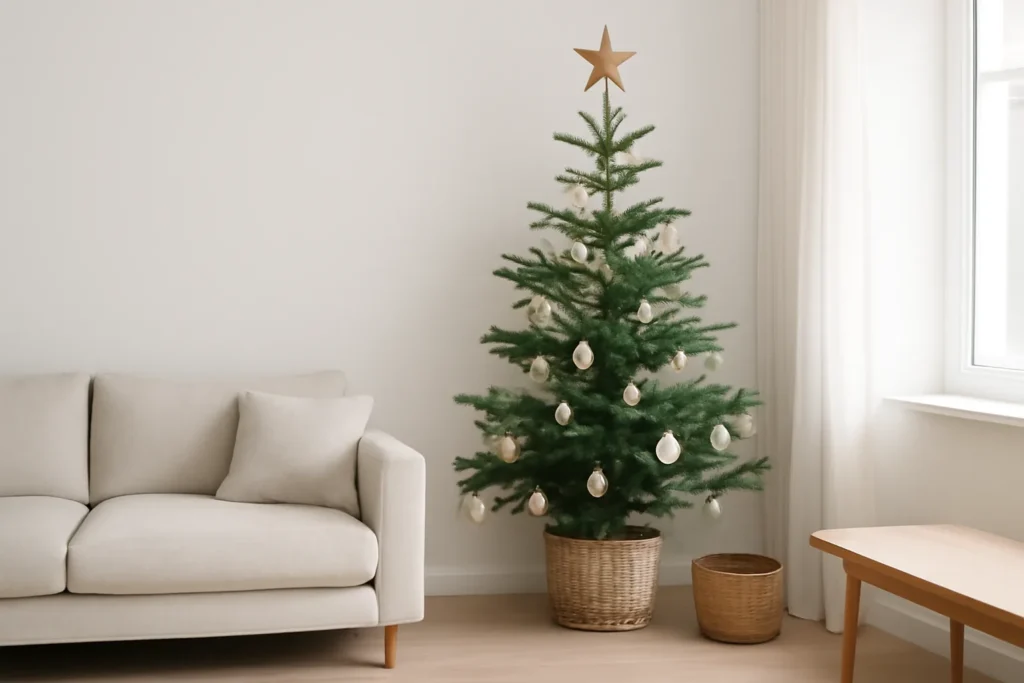 Árvore de Natal minimalista com enfeites de madeira e palha em sala clara