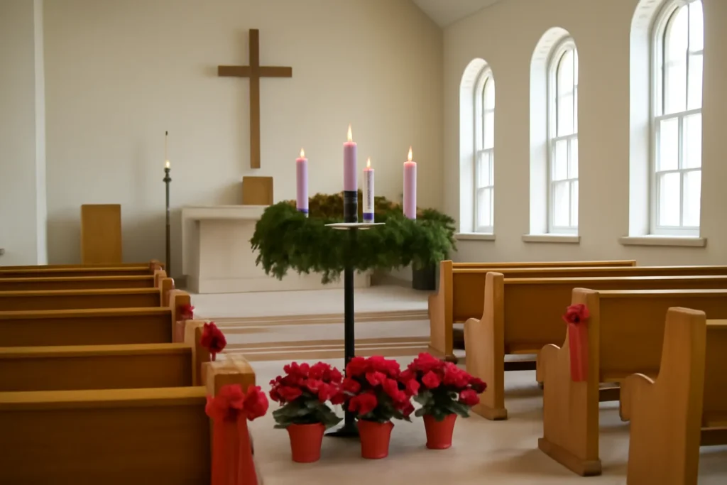 Igreja decorada para o Natal com coroa do Advento, vasos de bico-de-papagaio e laços vermelhos nos bancos