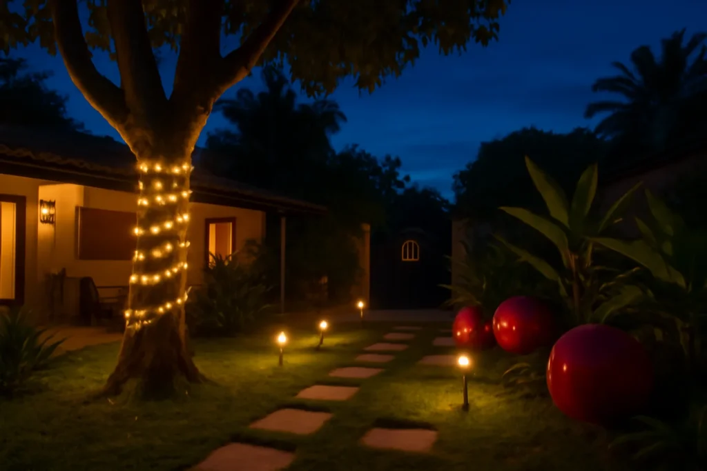 Quintal ao anoitecer com tronco de árvore iluminado, caminho com luzes solares e bolas vermelhas no jardim