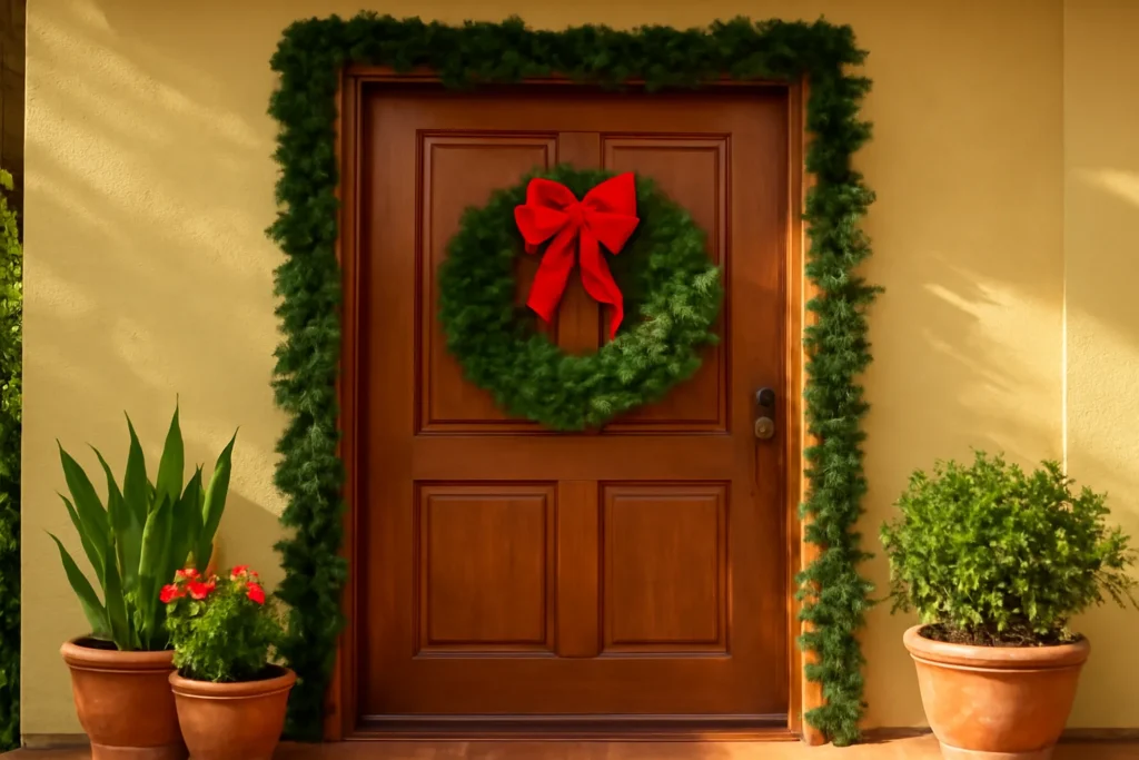 Porta de entrada decorada com guirlanda verde, laço vermelho e festão no batente