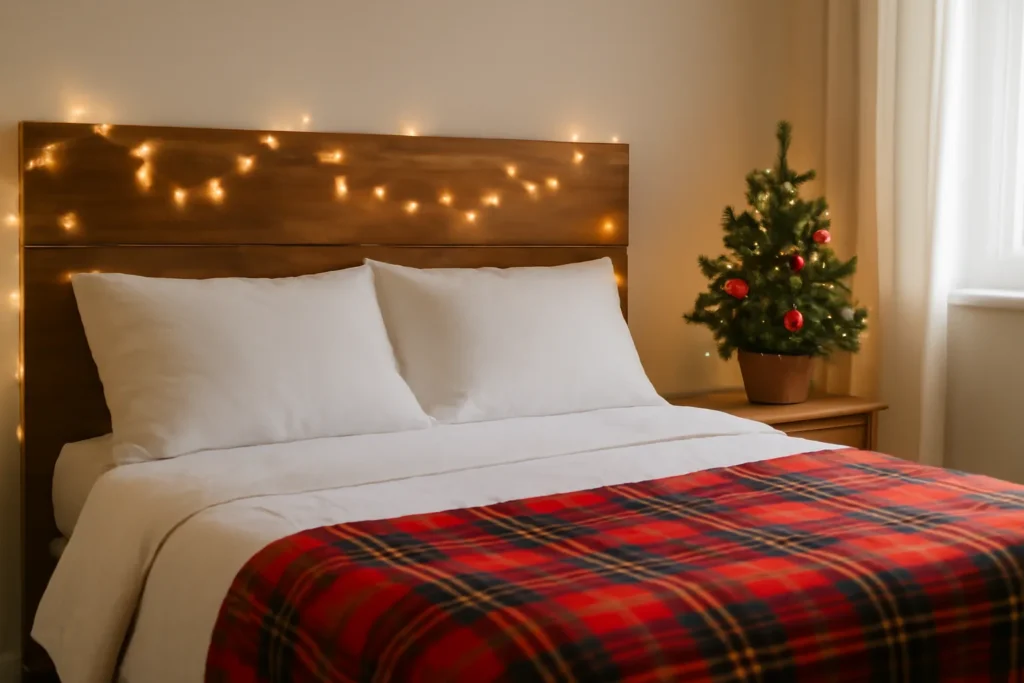 Quarto com luzes na cabeceira, roupa de cama clara, manta xadrez e mini árvore de Natal