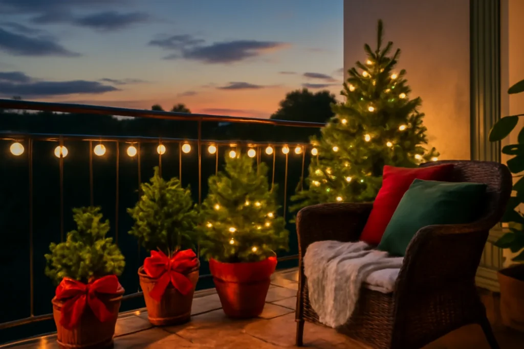 Sacada decorada para o Natal com luzes no guarda-corpo, plantas e almofadas festivas