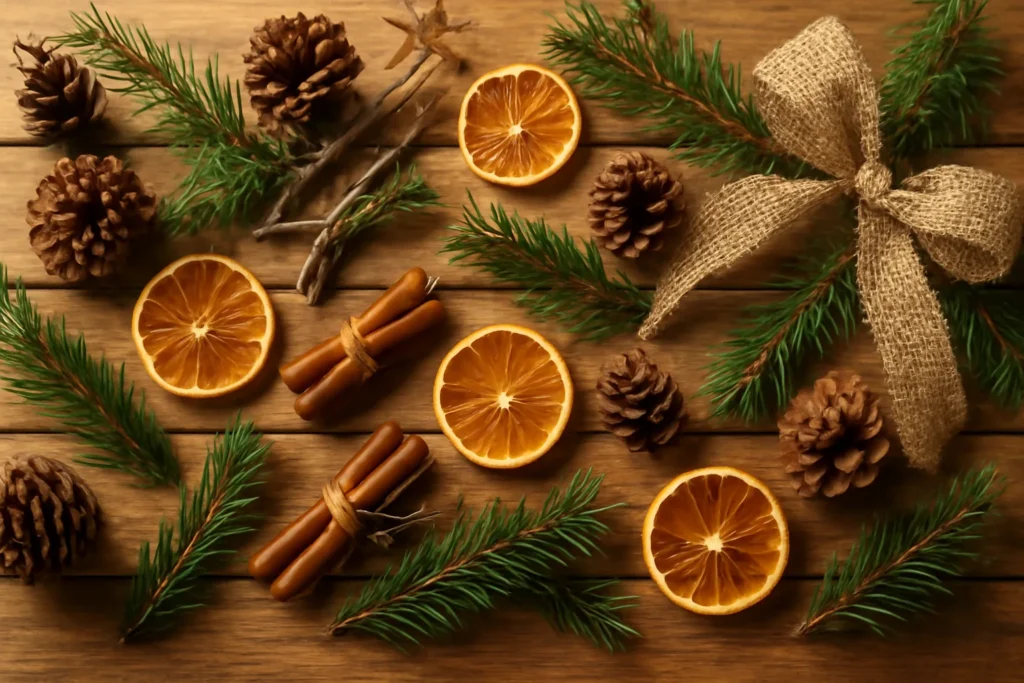 Decoração de Natal rústica com pinhas, laranja seca, canela e juta sobre mesa de madeira