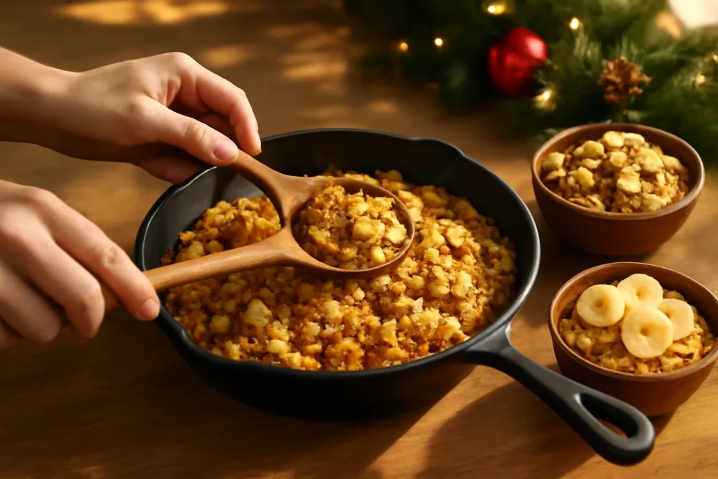 Farofa de Natal dourada com bacon e ovos na frigideira, com outras farofas ao lado