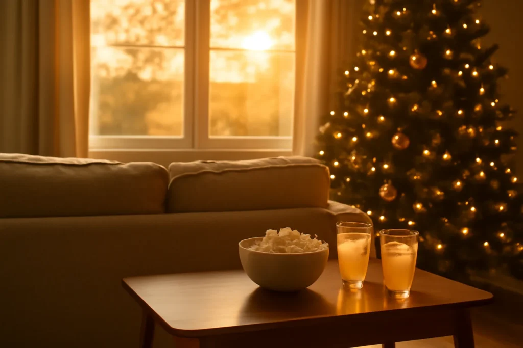 Sofá com pipoca e suco preparado para uma sessão de filme de Natal em família