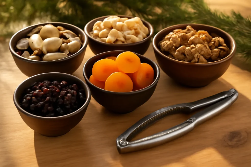 Tigelas com castanhas, nozes, damascos, tâmaras e uvas-passas sobre mesa de madeira decorada para o Natal