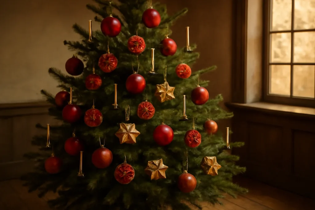 Árvore de Natal ao estilo antigo enfeitada com maçãs vermelhas, rosas de papel e biscoitos