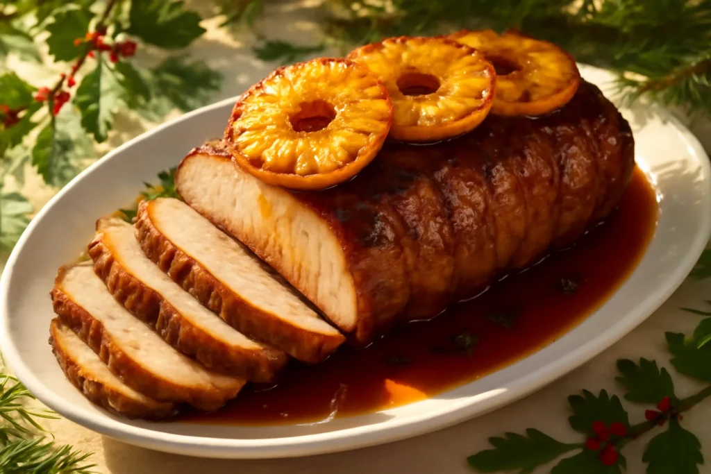 Lombo de Natal fatiado com rodelas de abacaxi caramelizadas