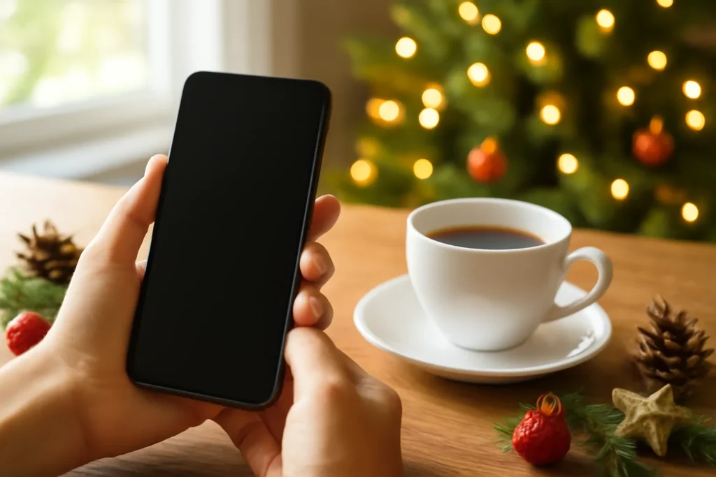 Celular, xícara de café e enfeites de Natal sobre mesa de madeira com árvore ao fundo