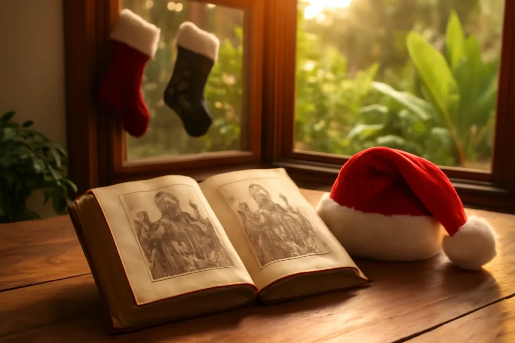 Gorro de Papai Noel e livro antigo sobre São Nicolau em mesa de madeira