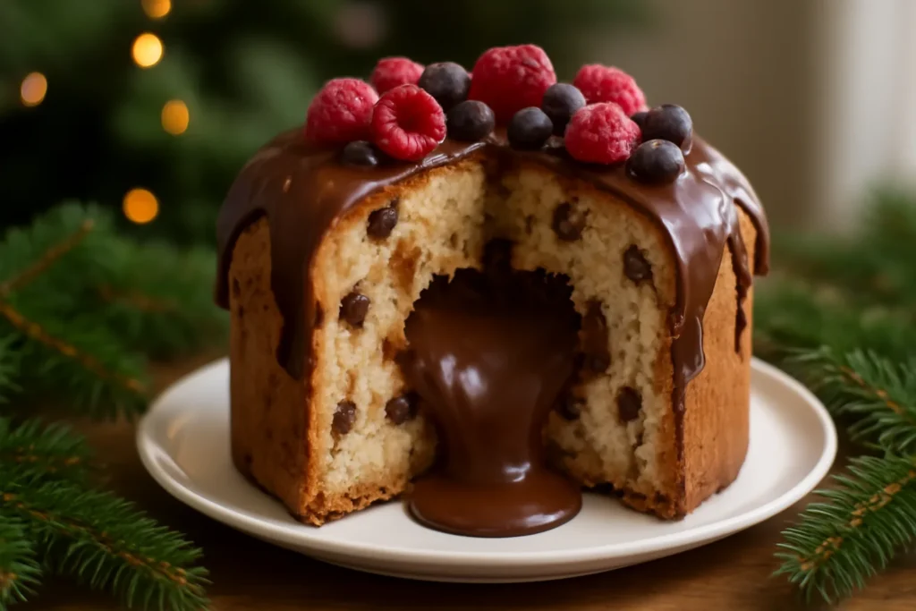 Panetone recheado com brigadeiro e cobertura de ganache cortado ao meio