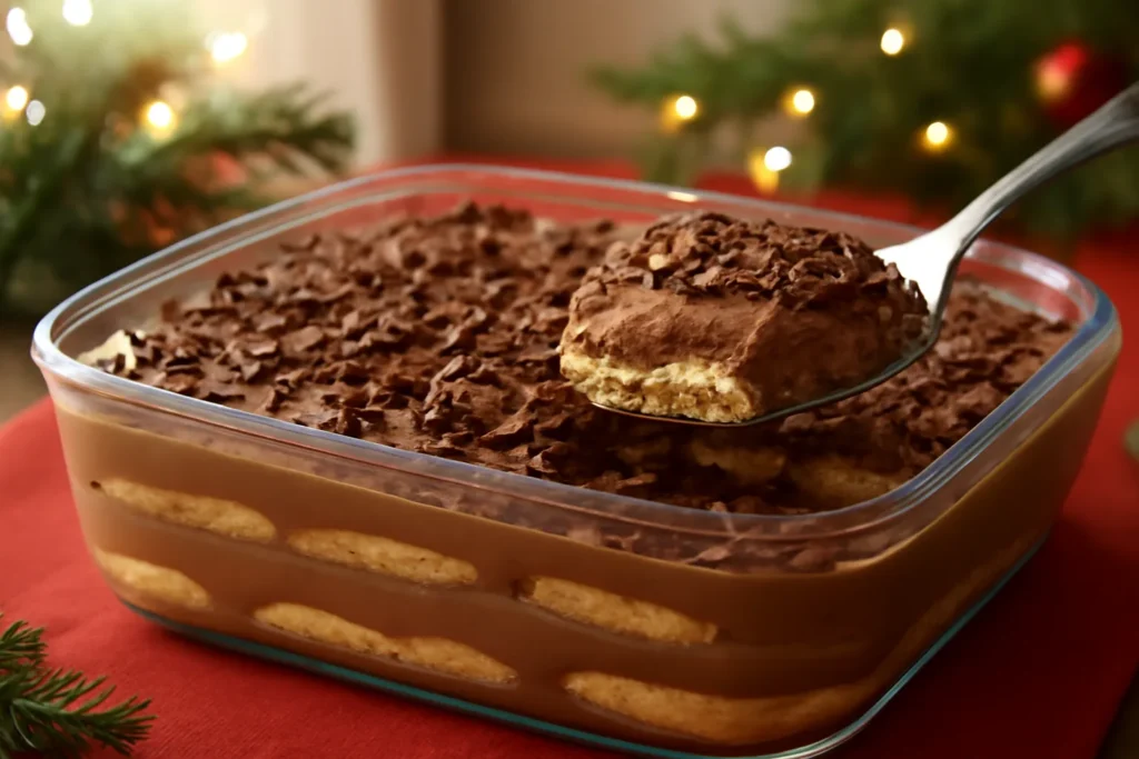 Pavê de chocolate em travessa de vidro com camadas de biscoito e creme