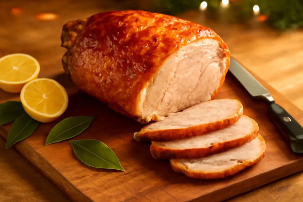 Pernil assado de Natal sobre tábua de madeira com fatias cortadas
