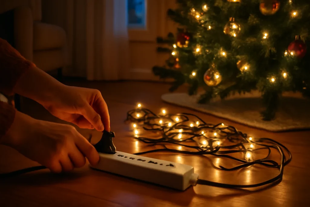 Mãos ligando pisca-pisca de LED no filtro de linha ao lado da árvore de Natal
