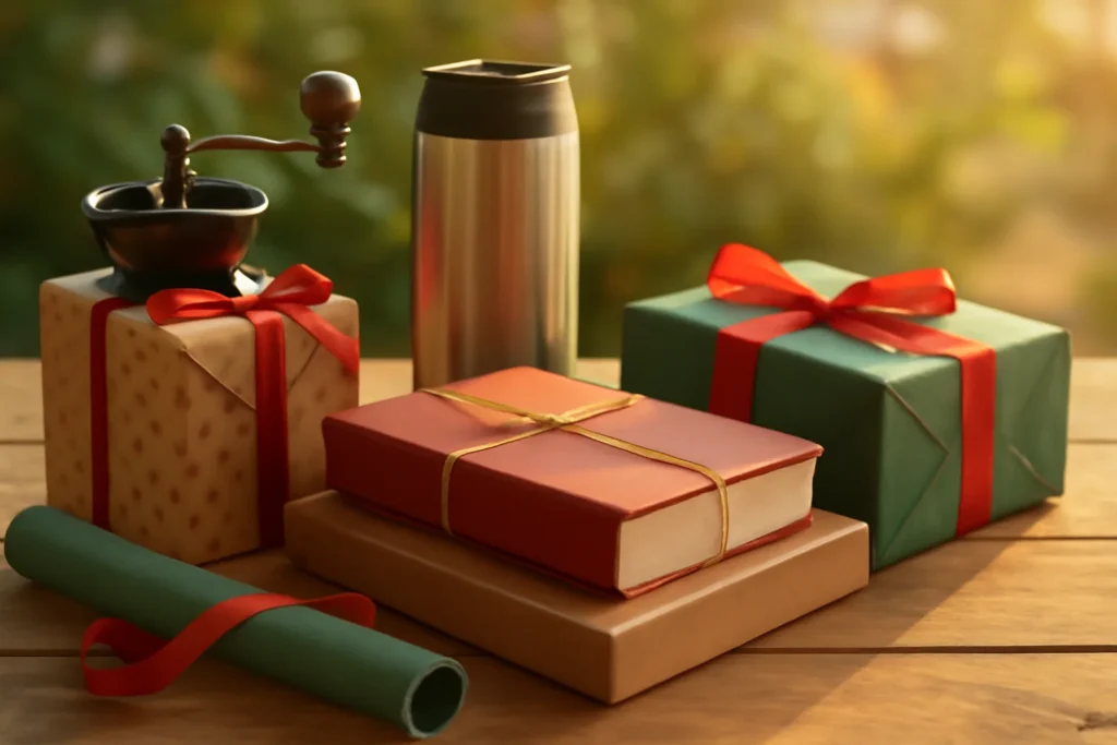 Moedor de café, garrafa térmica, livro e jogo de tabuleiro como presentes de Natal sobre mesa