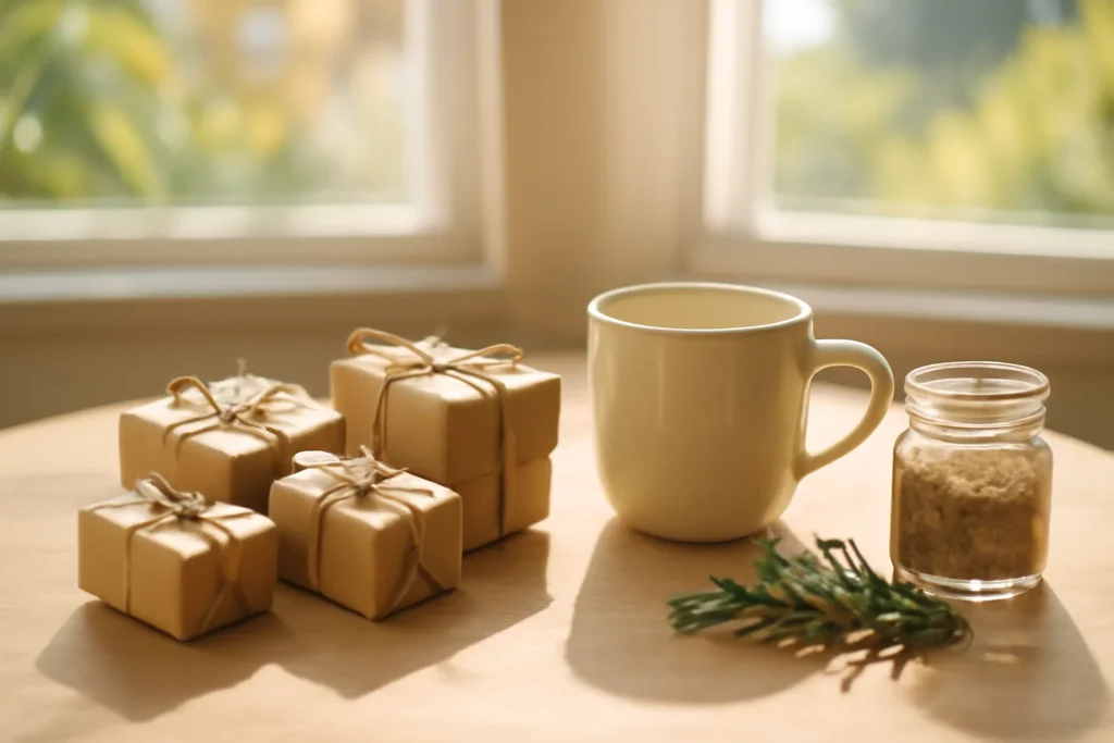 Presentes de Natal embrulhados em papel kraft ao lado de caneca de cerâmica e pote de temperos