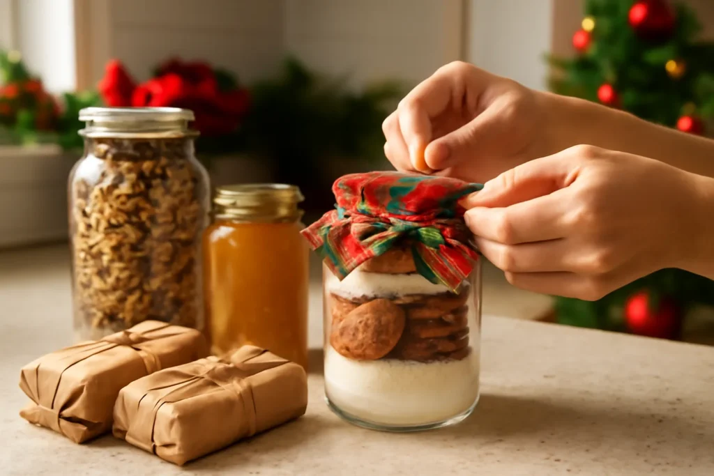 Potes de vidro com granola, geleia e mistura de cookies preparados como presente de Natal