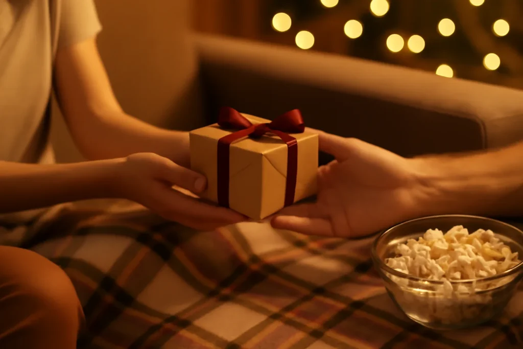 Mãos de casal trocando caixa de presente no sofá, com pipoca e luzes de Natal ao fundo