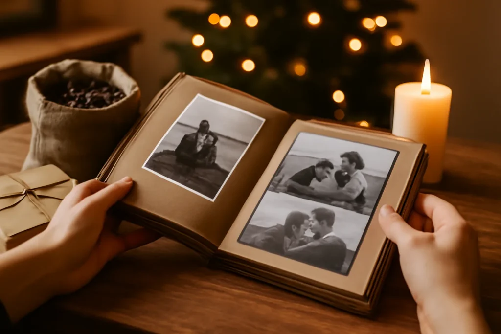 Mãos folheando um álbum de fotos artesanal dado de presente de Natal