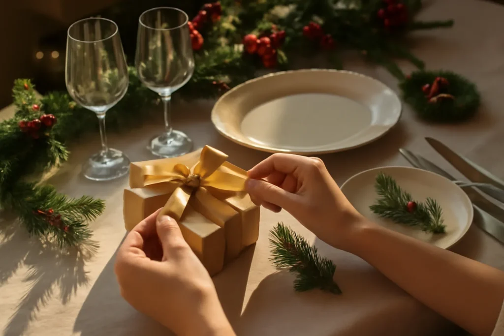 Mesa de Natal com toalha de linho, travessa de cerâmica e presente com laço dourado