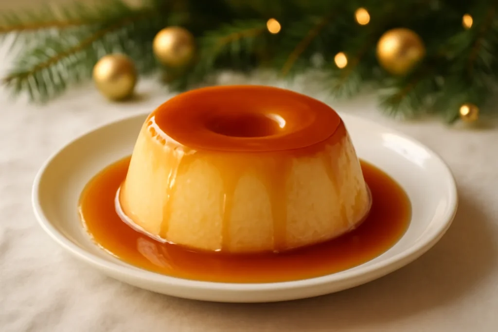 Pudim de leite com calda de caramelo em prato branco sobre mesa de Natal