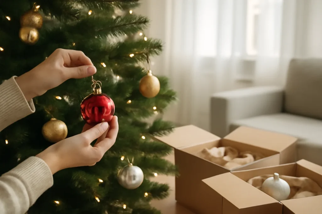 Mãos retirando enfeite da árvore de Natal com caixas de decoração ao lado