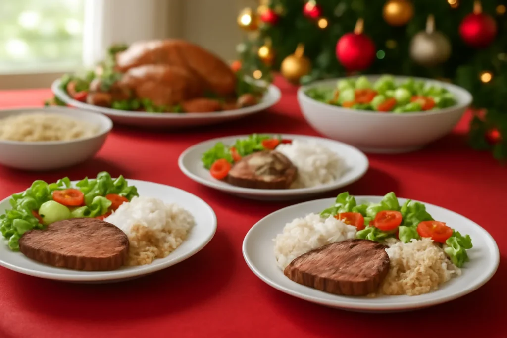 Pratos servidos com porções de carne assada, arroz, farofa e salada na mesa de Natal
