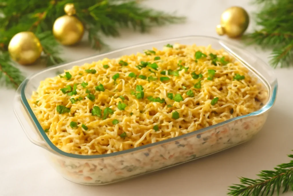 Salpicão de frango com batata palha em travessa de vidro na mesa de Natal