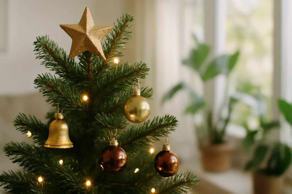 Estrela, sino e bolas de vidro em galhos de árvore de Natal iluminada