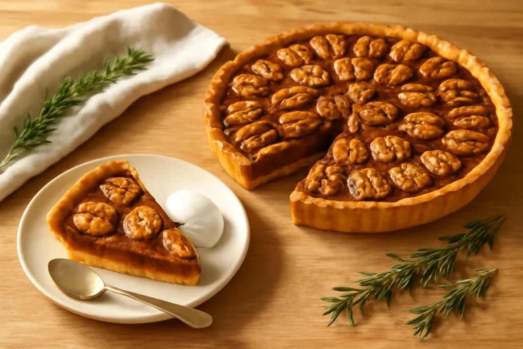 Torta de nozes com recheio caramelado e uma fatia servida com chantilly