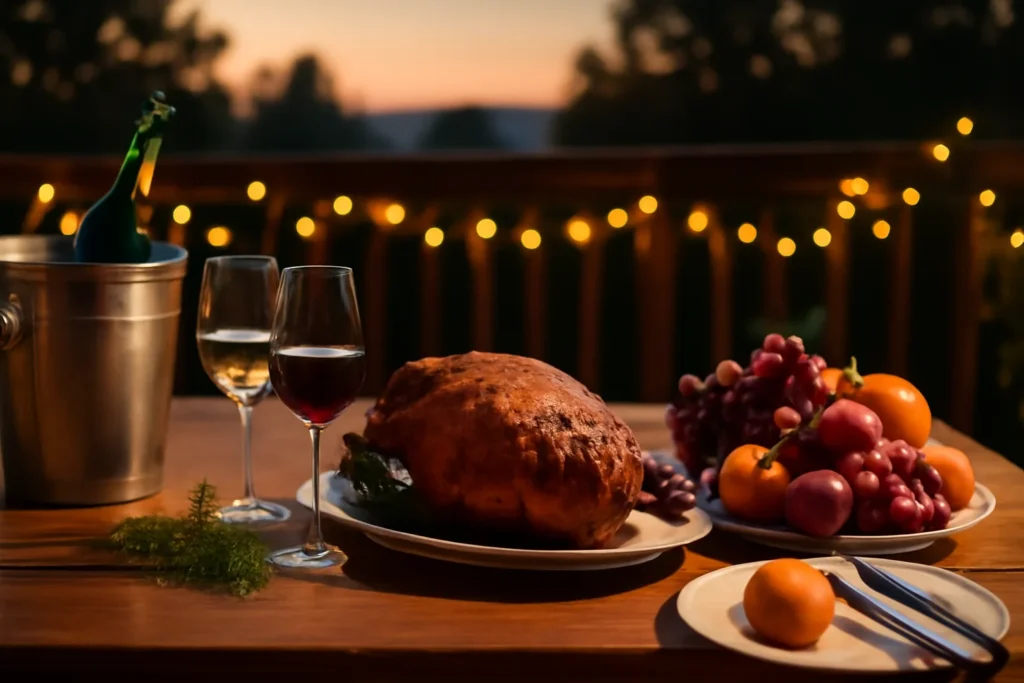 Espumante no balde de gelo e taças de vinho tinto e branco na mesa da ceia de Natal com pernil assado