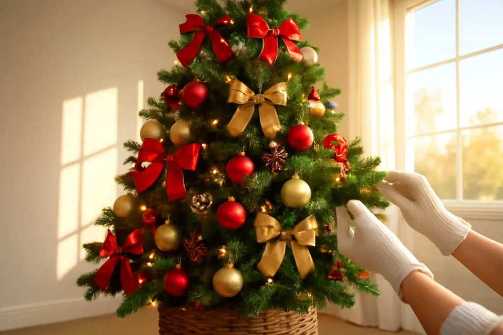 Árvore de Natal de 2 m volumosa com luzes no miolo, laços grandes, bolas variadas e cesto de fibra na base