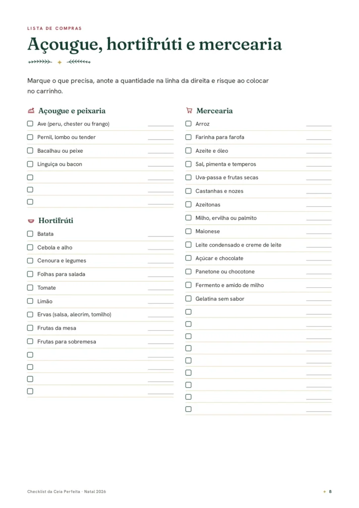 Página da lista de compras de açougue, hortifrúti e mercearia