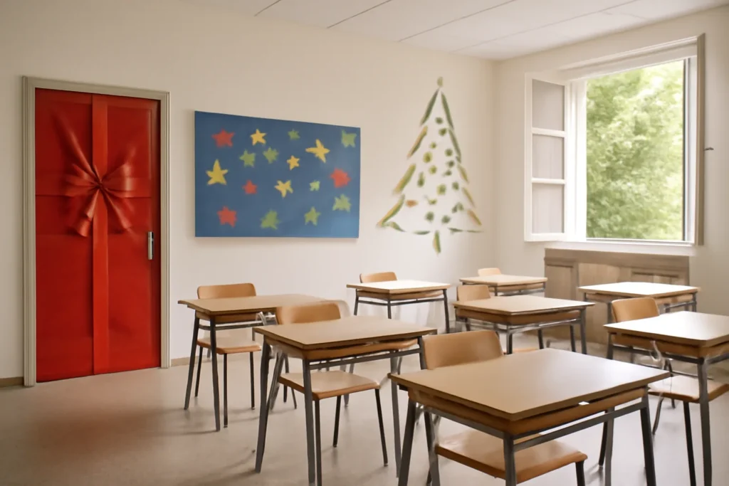 Sala de aula com porta decorada como presente, mural de estrelas de papel e árvore de Natal de parede