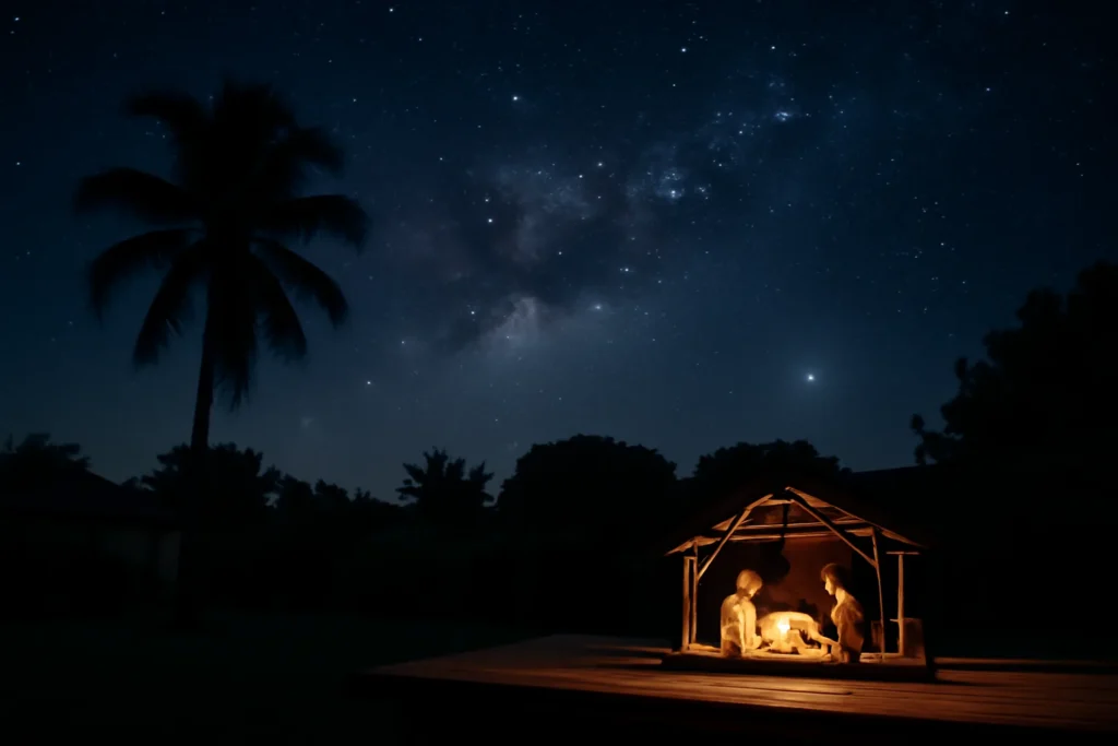 Céu estrelado com um ponto de luz brilhante sobre quintal com presépio iluminado