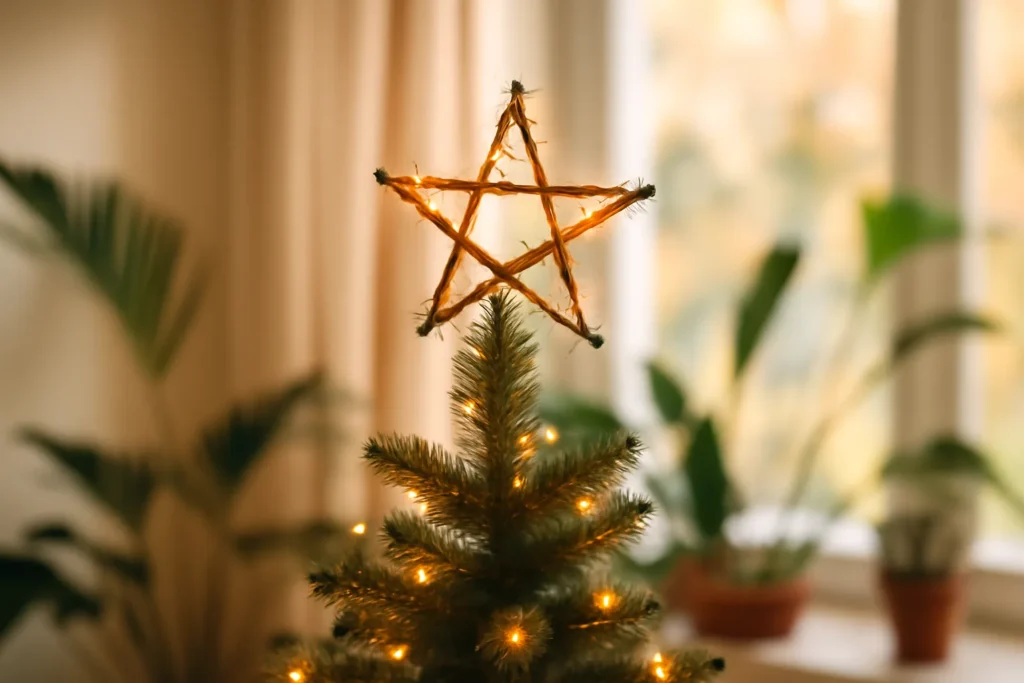 Estrela artesanal de galhos secos com luzinhas no topo de uma árvore de Natal