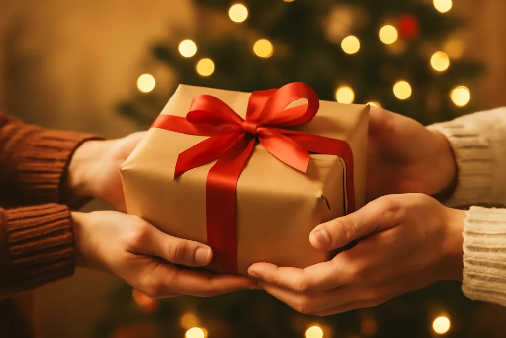 Pessoa entregando um presente de Natal